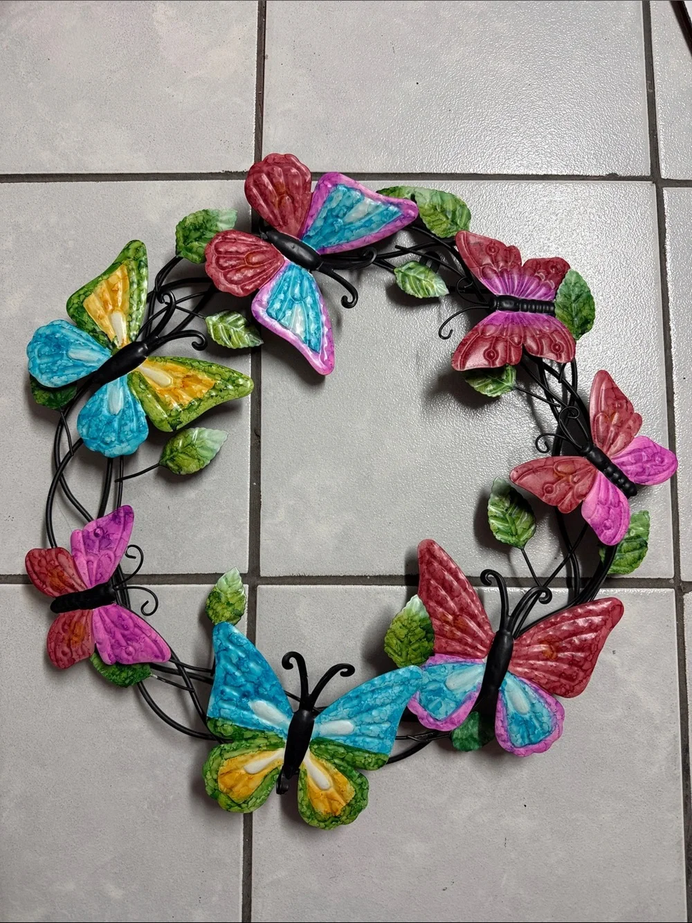 Multicolor Butterfly Wreath metal for Wall or front door decor 15 inches around